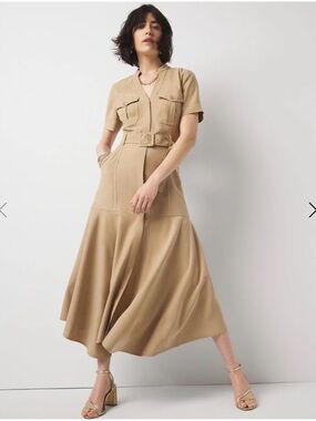 White House Black Market Tan Belted Utility Midi Dress